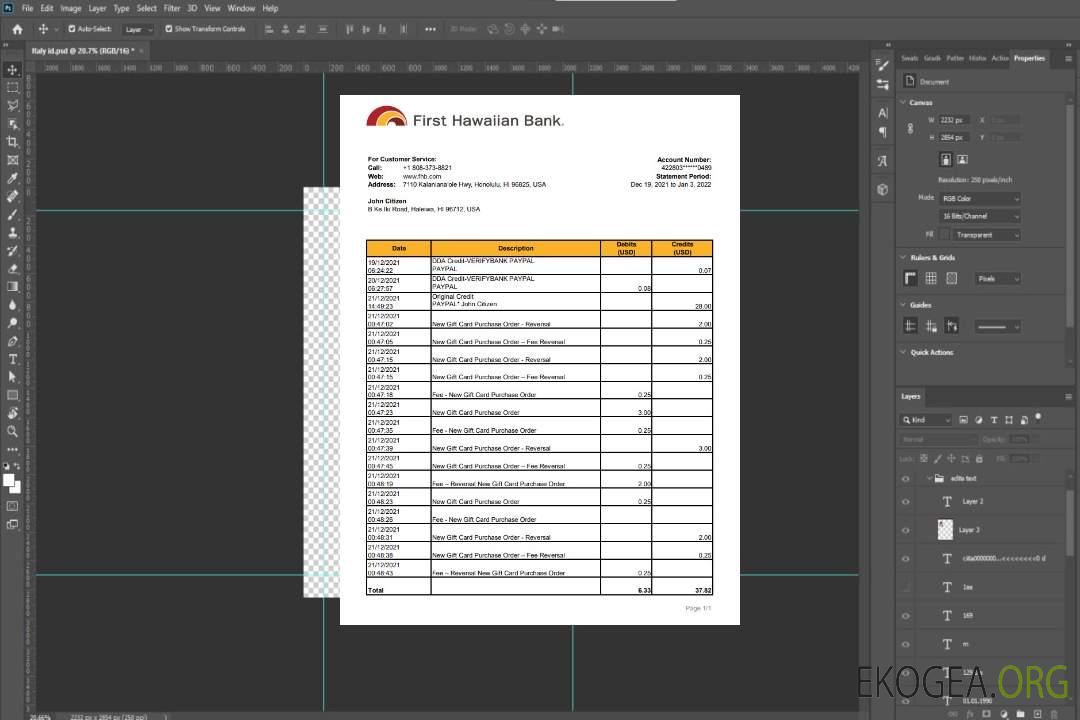 Relevé de la première banque hawaïenne d'Hawaï template